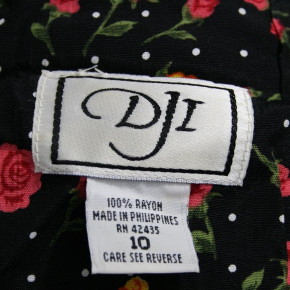 Vintage 50’s DJI Black Rayon Floral Midi Dress w/ Drawstring Belt SZ 10 EUC - Picture 7 of 8